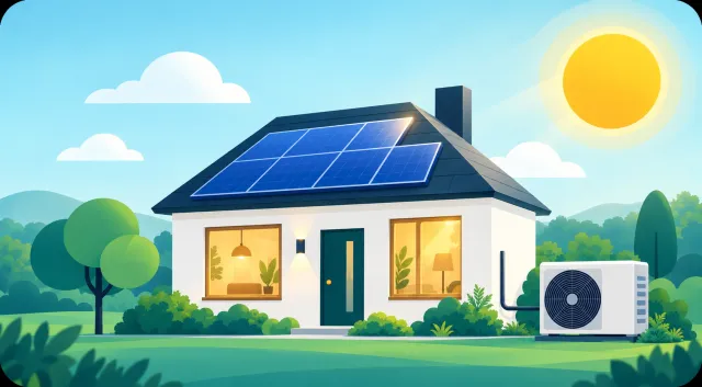 Illustration d'une maison avec des panneaux solaires et une pompe à chaleur