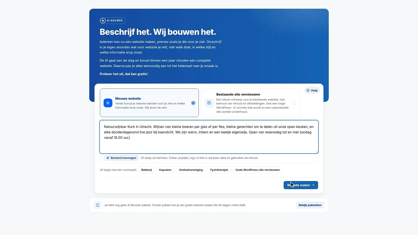 L'écran d'accueil de l'AI Builder : sous Nouveau site, la description d'un bar à vins nature à Utrecht, et en bas à droite le bouton pour créer le site.