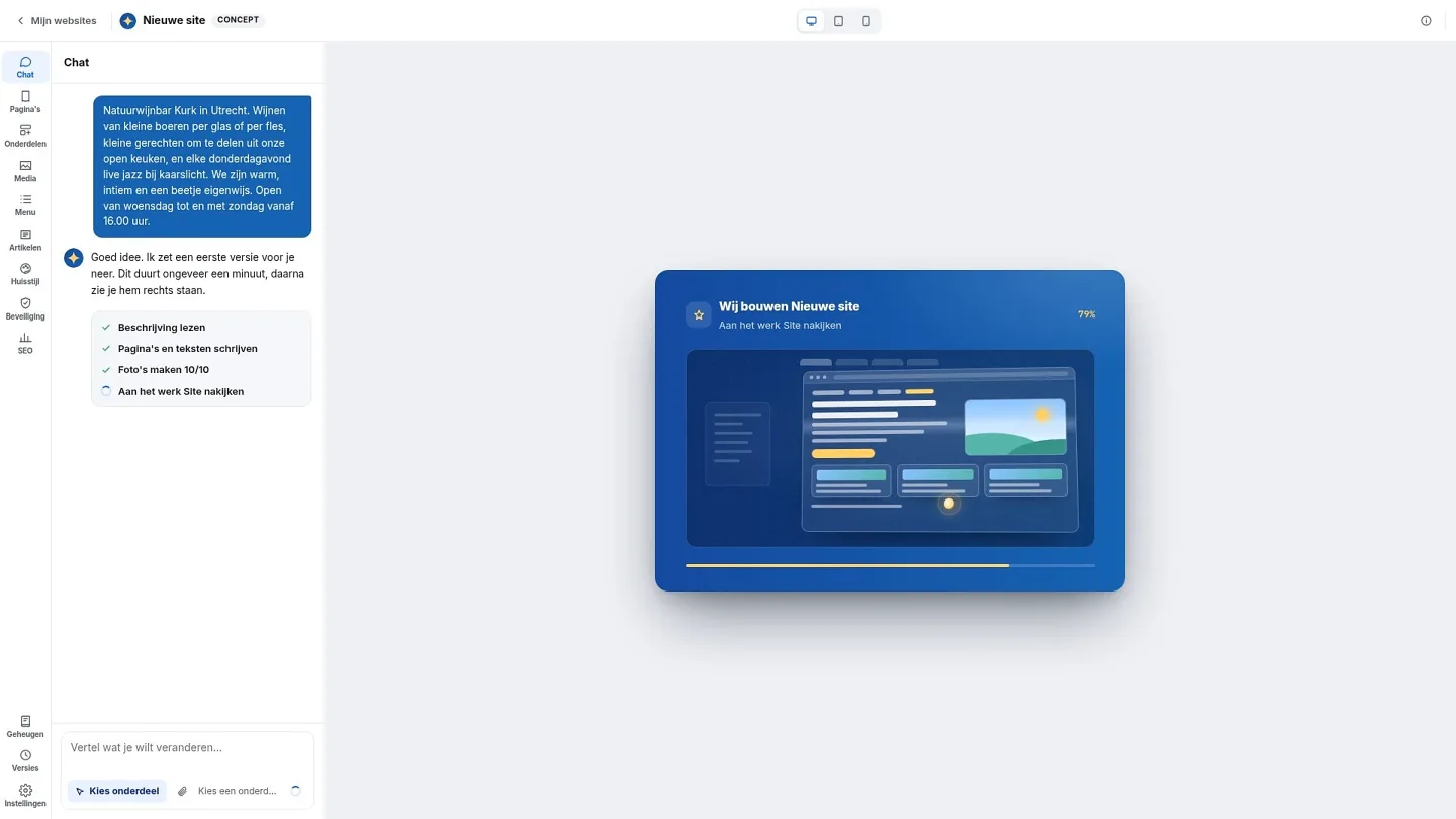 L'AI Builder construit le site : à gauche, le chat coche les étapes une à une, à droite une barre de progression se remplit.