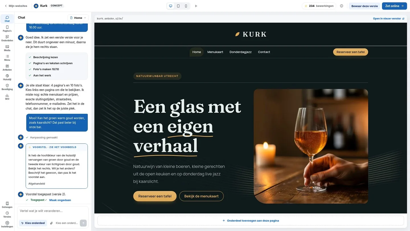 Le site terminé du bar à vins Kurk, avec en haut à droite le bouton pour le mettre en ligne.