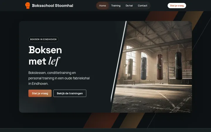 Page d'accueil de Boksschool Stoomhal, un exemple de site créé avec le WebOké AI Builder