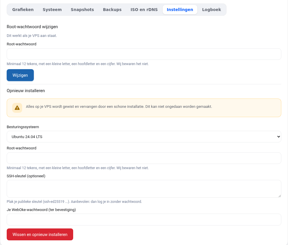 L'onglet Paramètres avec la modification du mot de passe root et la réinstallation