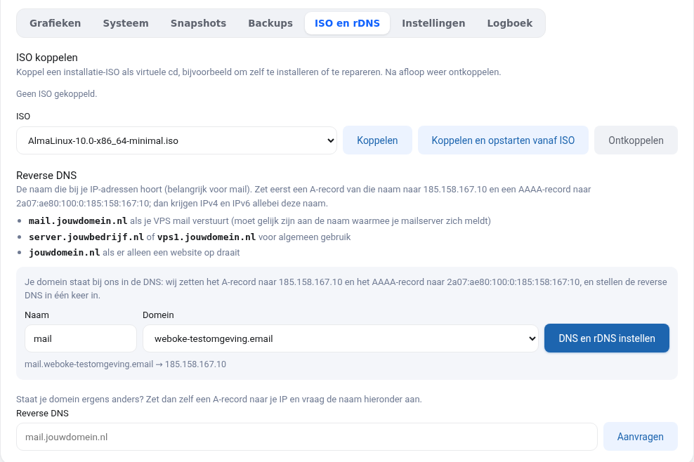 L'onglet ISO et rDNS avec le choix de l'ISO et les boutons Monter et Démonter